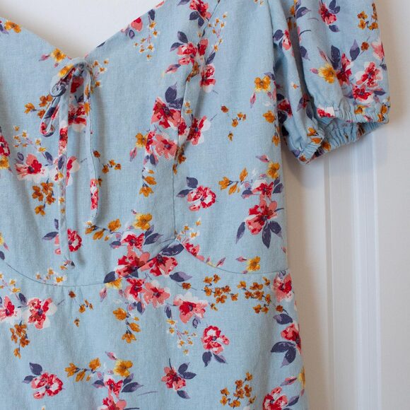 L Linen Blend Cottagecore Feminine Ruffle Ditsy Floral Mini Dress City Triangles - Picture 6 of 10
